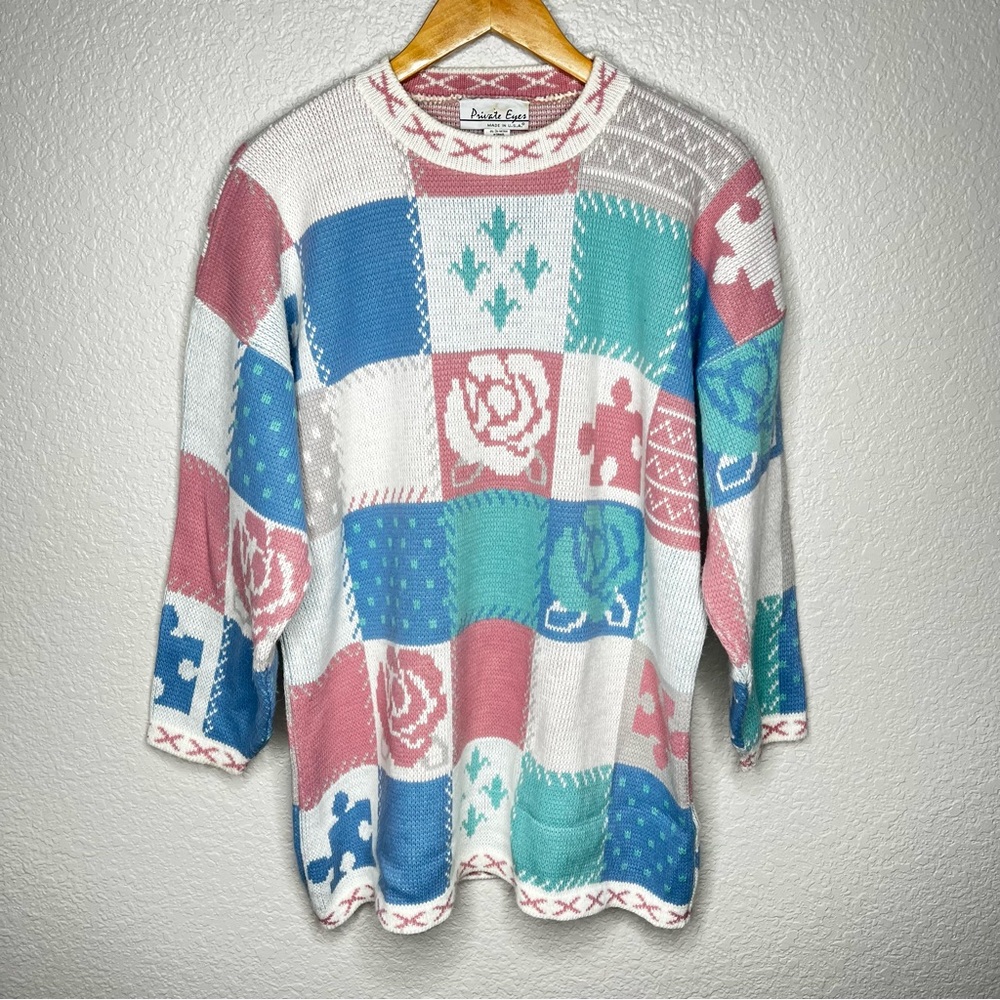 Vintage‎ Patchwork Knit Sweater Easter Granny Cottagecore Pink Blue Pastel L